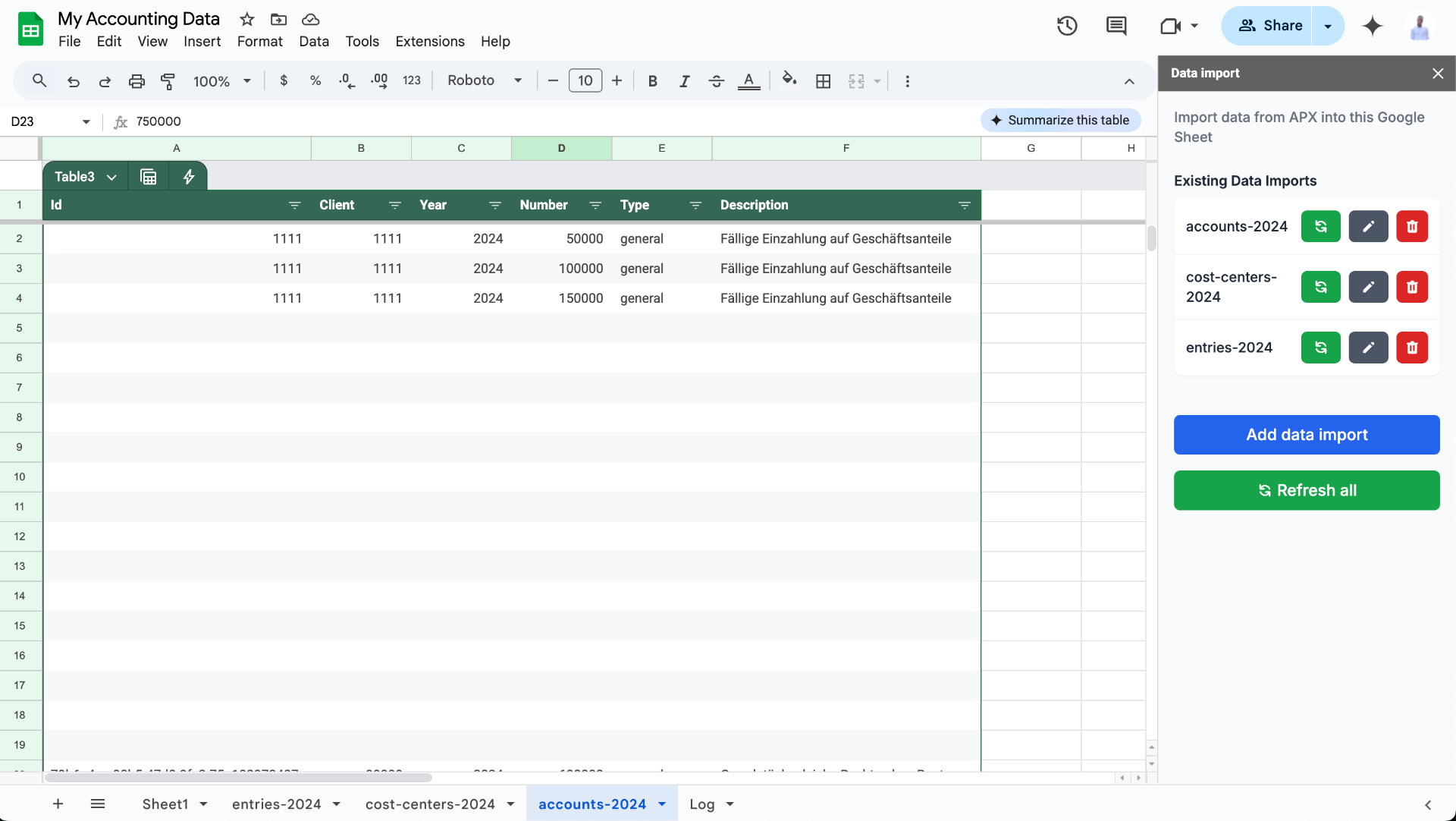 Google Sheets Add-on showing APX data import interface
