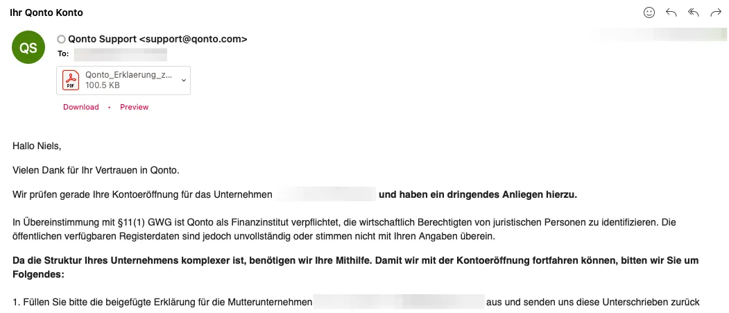Qonto Aufforderung zur Einreichung weiterer Unterlagen für die Geldwäscheprüfung