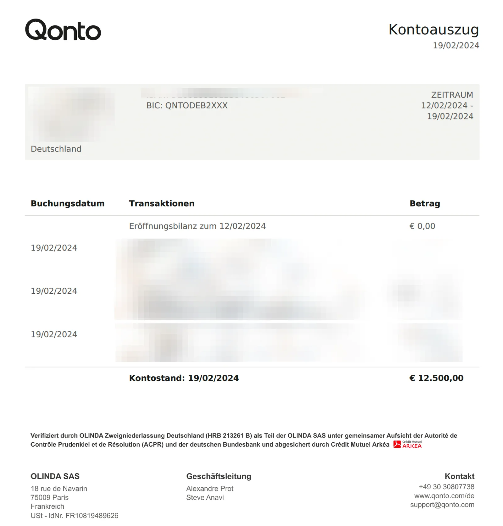 Qonto Kontoauszug nach erfolgreichen Stammkapital-Einzahlungen aller Gesellschafter