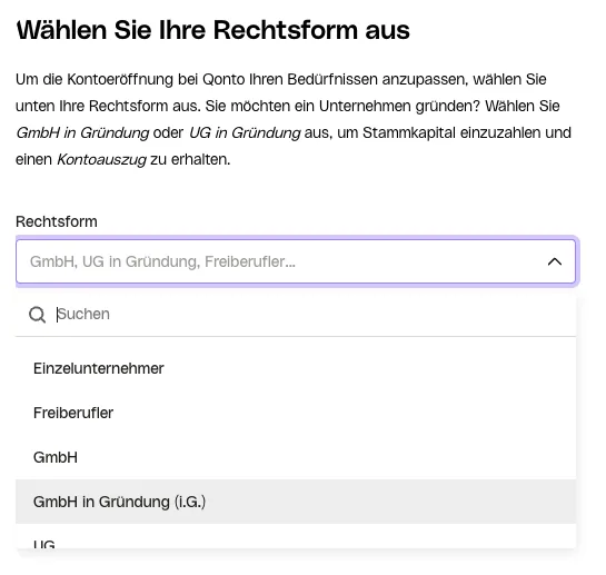 Qonto Sign-Up-Formular: Eingabe der Gesellschaftsdaten (Firmenname, Rechtsform, Sitz)