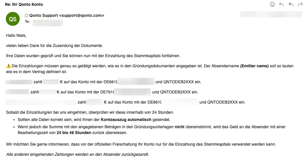 Qonto Aufforderung zur Stammkapital-Einzahlung mit individueller IBAN pro Gesellschafter